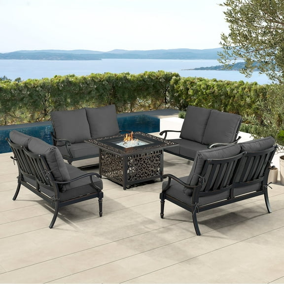 Black Aluminum Fire Table Set with Four Deep Seating Loveseats