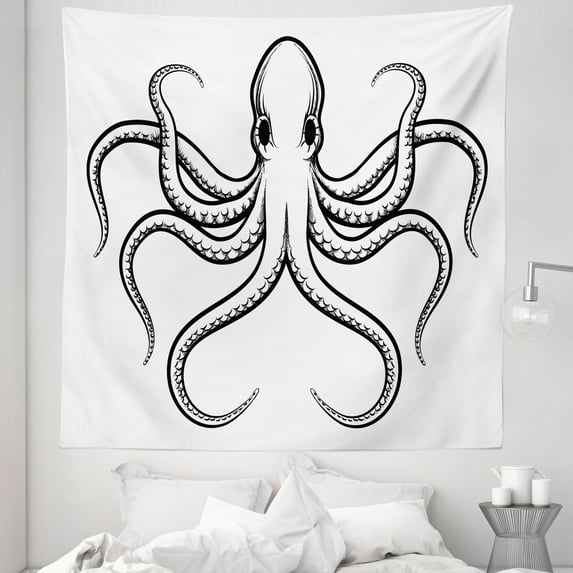 Octopus Tapestry, Image of an Sea Animal with Large Tentacles Depicted as Monster of All Oceans, Fabric Wall Hanging Decor for Bedroom Living Room Dorm, 5 Sizes, White and Black, by Ambesonne