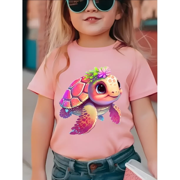 Adorable camiseta de verano con estampado vibrante de tortuga - Cuello redondo informal, ropa de juego para exteriores | Diseño divertido | Ajuste cómodo