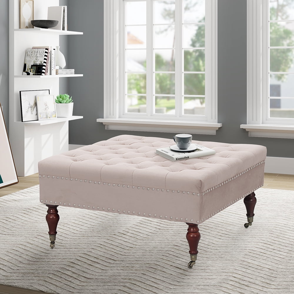 Abble 34in Square Beige Tufted Upholstered Indoor Cocktail Ottoman Living Room Coffee Table with Wheels