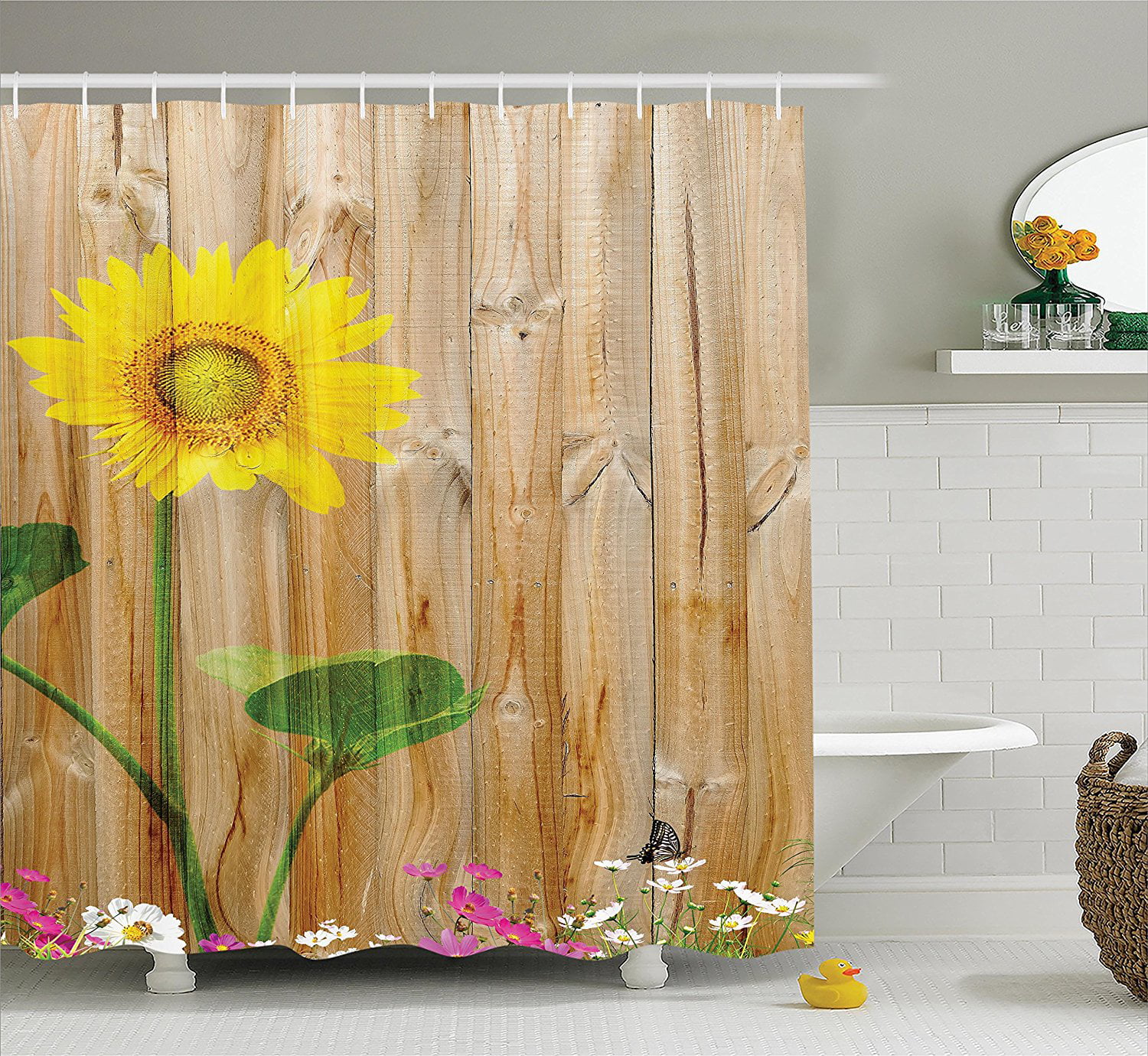 Small luggage tag Sunflower Decor Collection Sunflower Painting on Wooden Background Vertical Timber Countryside Fence Picture Print Quickly find the suitcase Yellow Green W2.7 x L4.6 