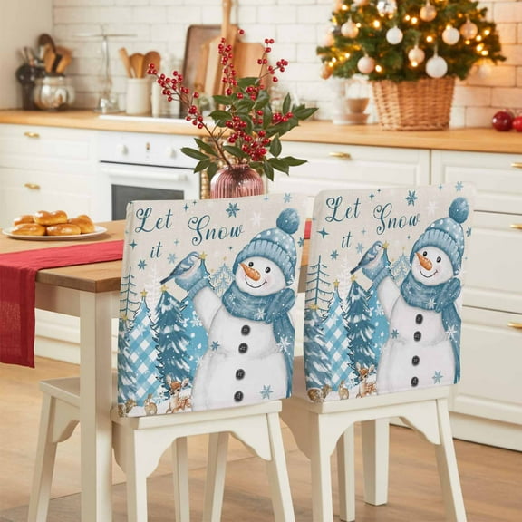 Blue Snowman Chair Covers Set of 6 Christmas Let Snow Pine Trees Bird Snowing Linen Chair Back Covers Stretch Removable Washable Slipcovers Protector for Dining Room Kitchen Party Decor