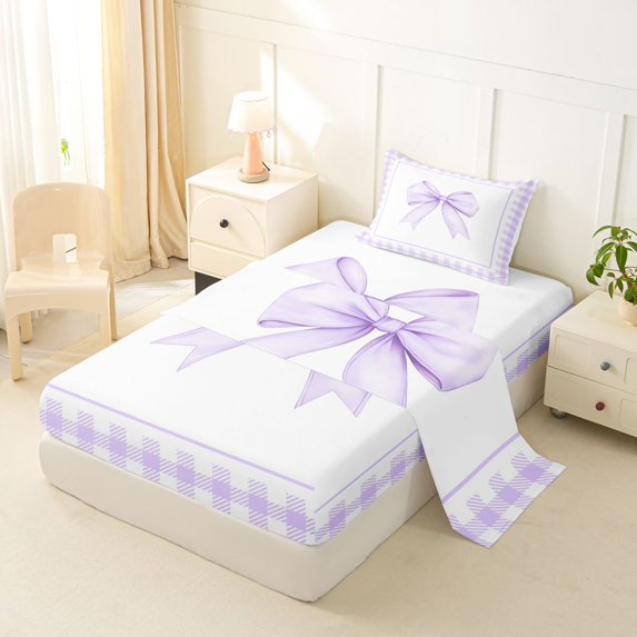 Erosebridal Light Purple Gingham Bow Twin Sheet Sets, Purple Bow Bedding for Women Girls, 3-Piece