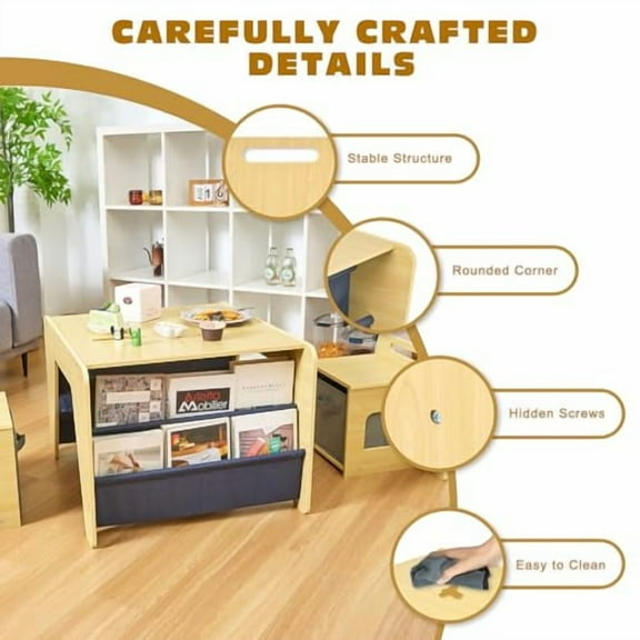 GOME 3 in 1 Wooden Toddler Table and Chair Set, Multi-Purpose Kids Activity Table with Bookshelf and Toy Storage Chairs for Reading Playing Drawing,1-6 Year Old Children Furniture