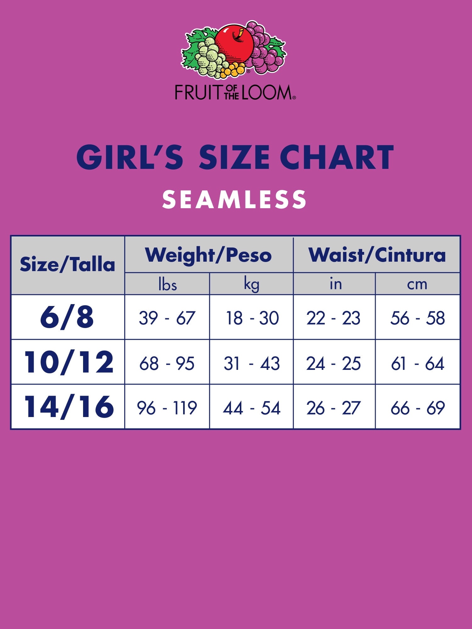 Fruit Of The Loom Girl Bra Size Chart