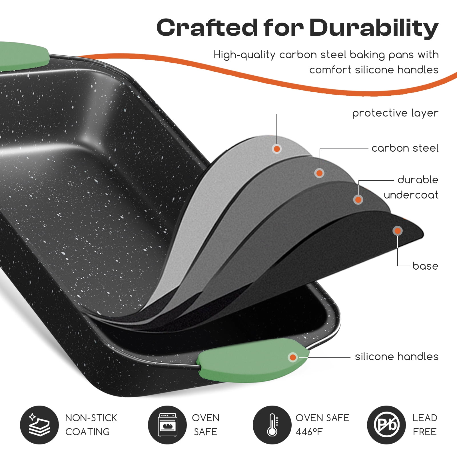 Slow Slog Nonstick Bakeware Set, 14-Piece Baking Pans Set, Stackable Baking Sheet Pans with Silicone Handles,Green&Black