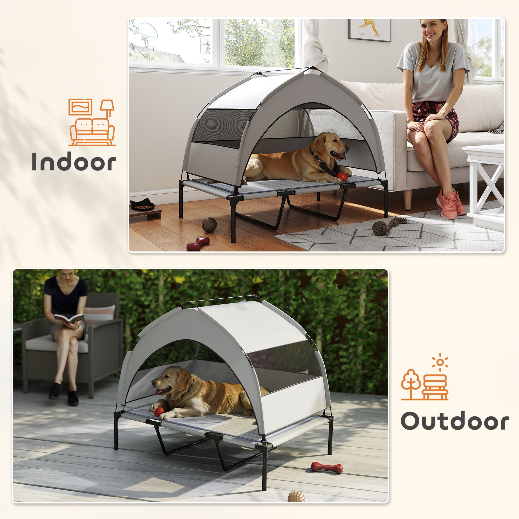 PawHut Elevated Dog Bed, Portable Raised Pet Bed with Removable Canopy, Cooling Pad, Storage Bag, Outside Pet Cot for Large Dogs, 42" x 30" x 37"