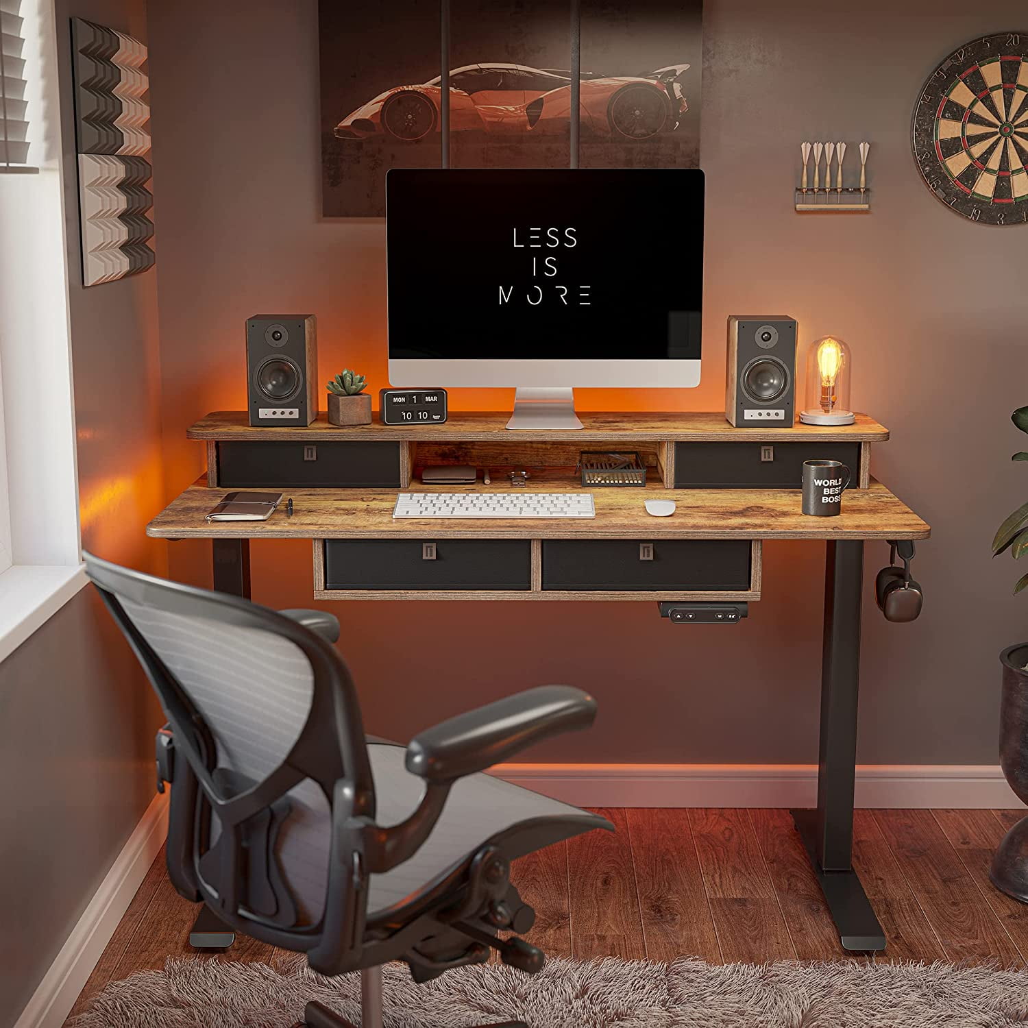 FEZIBO 48 x 24 Inch Height Adjustable Electric Standing Desk with 4 Drawers, Stand Up Table with Storage Shelf, Sit Stand Desk with Splice Board, Black Frame/Rustic Brown Top