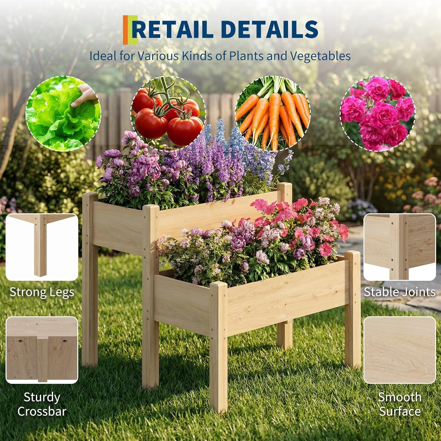 Riedhoff 2 Tier Wooden Raised Garden Bed with Legs, 33.86 x 33.86 x 28.74", 8 Drainage Holes, Oak