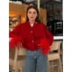 thumbnail image 3 of Cárdigan de punto de manga larga con plumas de retazos rojos para mujer, suéter grueso ajustado con cuello redondo, trajes elegantes para viaje, 3 of 5