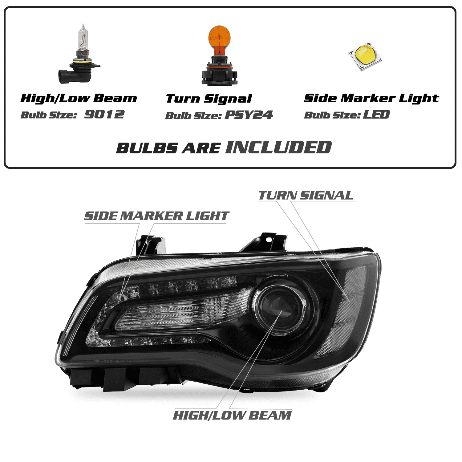 Titans Motors LED DRL Projector Headlights for 2011–2023 Chrysler 300 — Black Housing Headlamp Assembly with Bulbs, Left and Right Pair