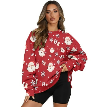 SCRAWLGOD Christmas Santa Claus Snowflake HOHO Red Pullover Sweatshirts for Women Long Sleeve Crewneck Sweatshirt Fall Casual Pullovers Drop Shoulder Loose Fit Clothes with Pockets S