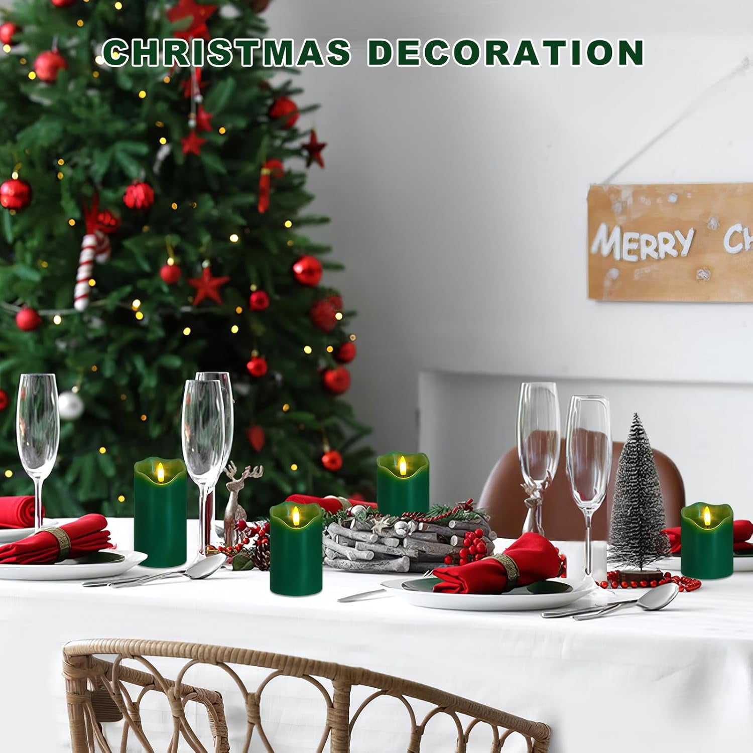 Flameless Candles Lights, Set of 3 Green Flickering LED Candles with Remote & Timer, Dimmable LED Pillar Candles Battery Operated, Electric Candles for Home Thanksgiving Christmas Decor