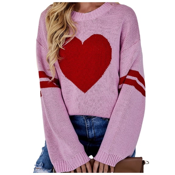 Heart Stripe Patchwork Sweater for Women Fall Long Sleeve Crewneck Knitted Tops Fall
