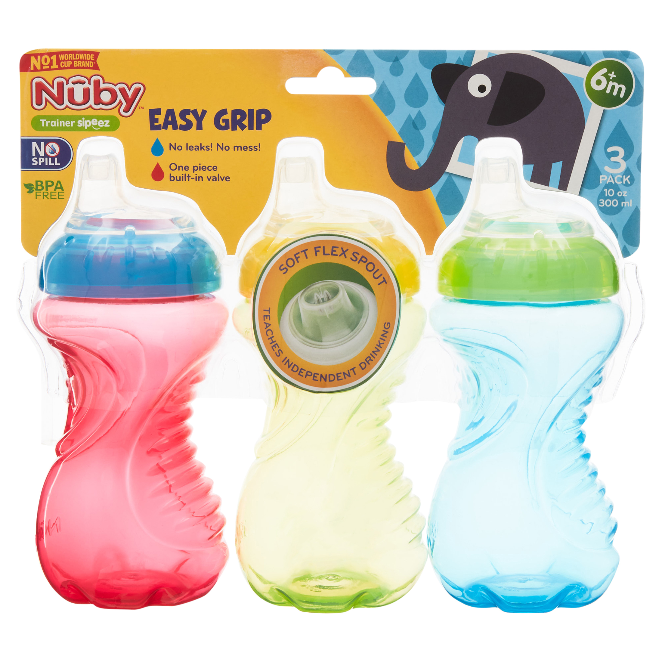 Nuby No-Spill Easy Grip Soft Spout Sippy Cup 10oz, 3-Pack