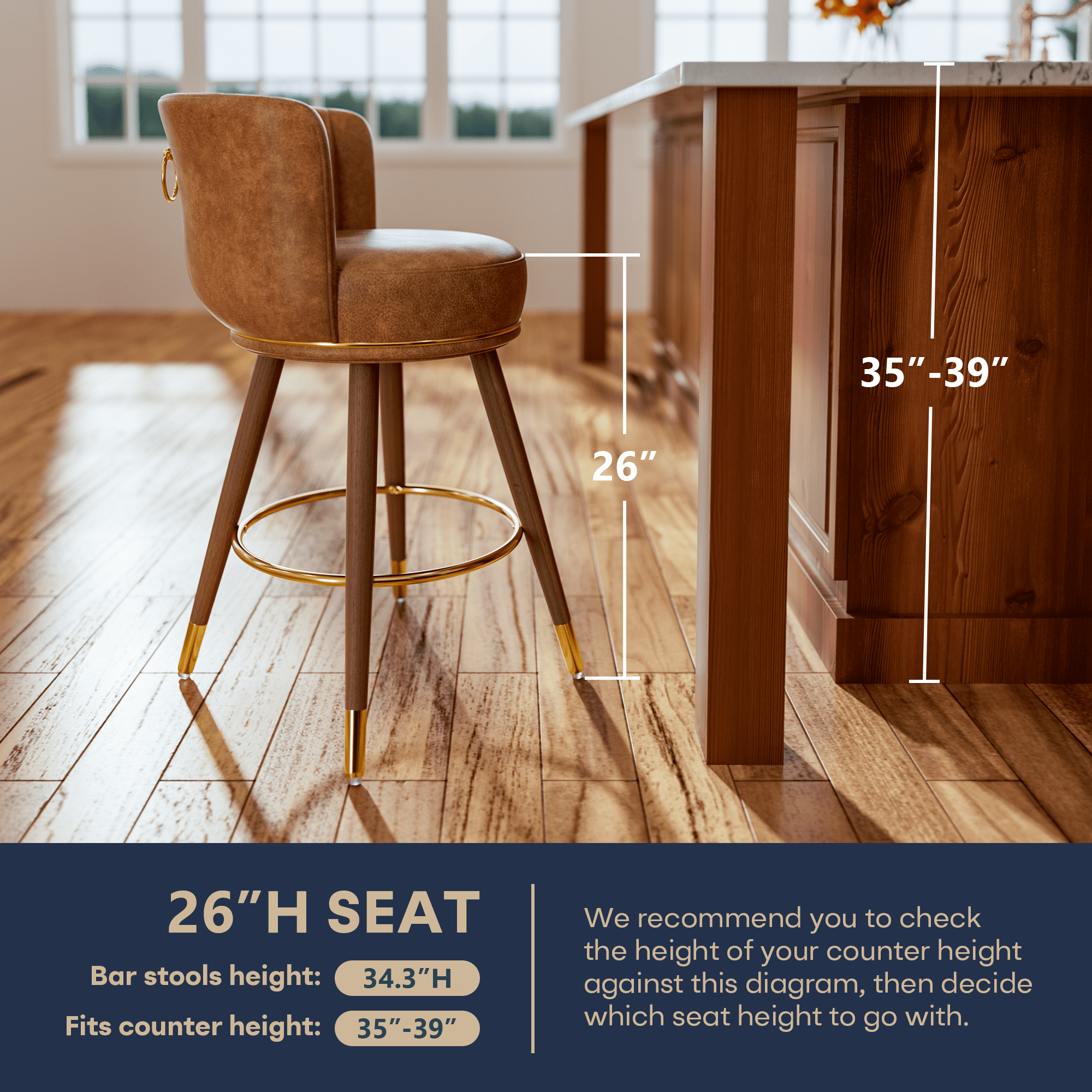 Genpo Counter Height Bar Stools, Round Seat Swivel Bar Stool Set of 4, 26 inch Low Back Leather Bar Chair with wood Leg for Kitchen Island 300lbs, Brown