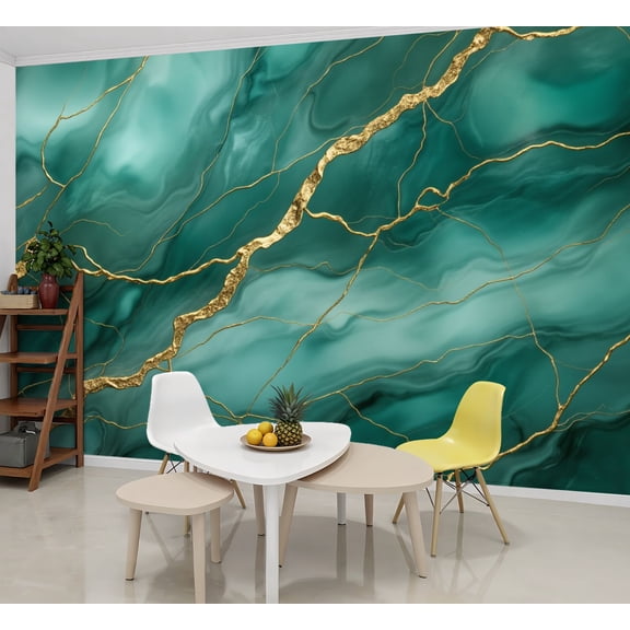 Wallpaper Emerald Green Marble Texture Gold Veins Abstract Art Peel and Stick Wall Murals 69"H x 96"W Removable PVC Wall Paper Self-Adhesive Wall Paintings Art Decor for Bedroom Living Room