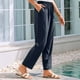 thumbnail image 2 of Pantalones informales de lino para mujer - Cintura alta elástica con bolsillos, 2 of 6