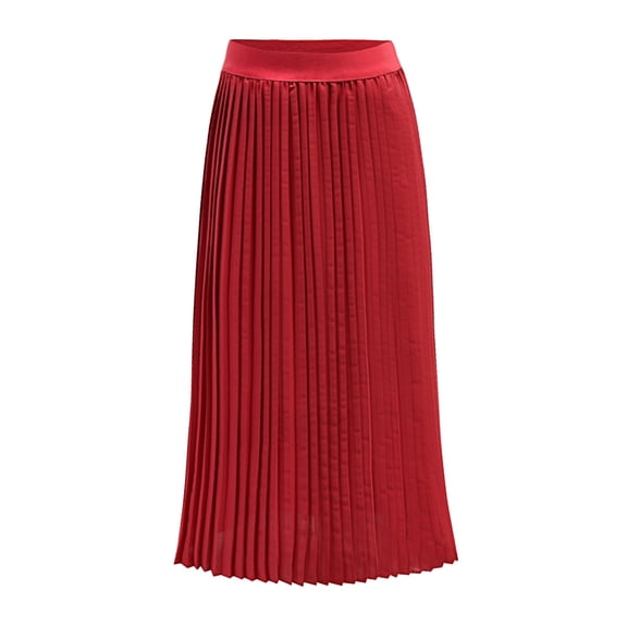 Quixlent Women Pleated Midi Skirt Elastic High Waist Solid Color Smooth Outline Skirt Slimming Midi Skirt Daily Wear