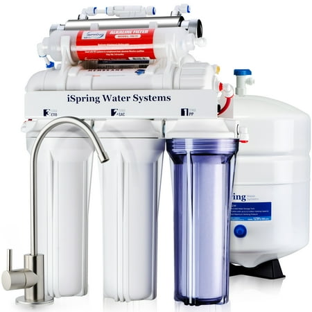 Undersink Reverse Osmosis - iSpring Reverse Osmosis Water Filter System w/ 11W Flow-sensor UV & Alkaline Mineral Stage - 75GPD WQA Gold Seal Certified 7-stage RCC7AK-UV