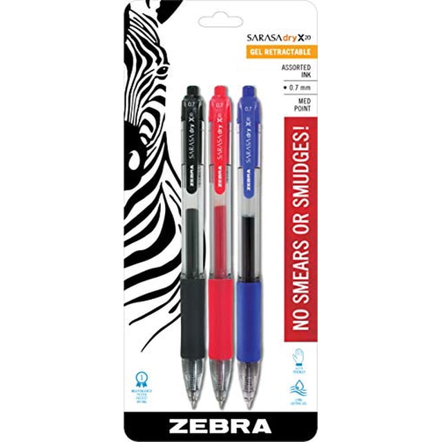 Zebra Pen Sarasa Dry X20 Retractable Gel Pen, Medium Point, 0.7mm, Assorted Business Color Ink (Pack of 1, 3 Count Total)