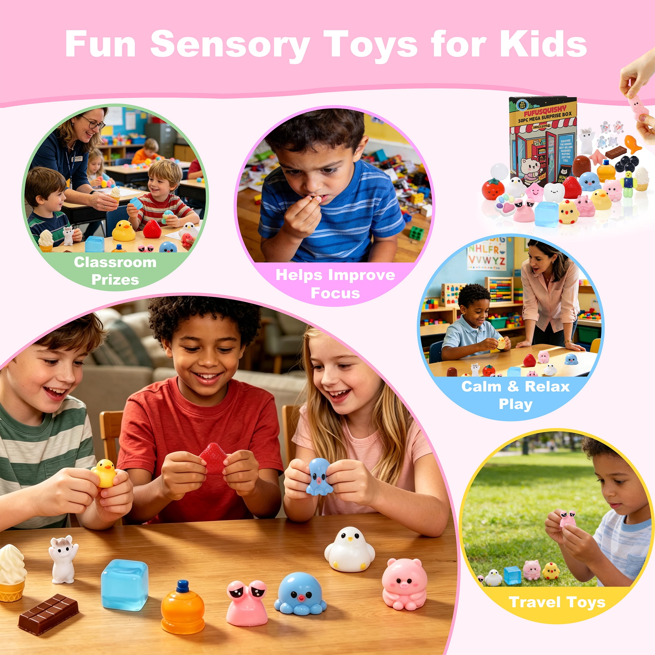 FUFUSQUISHY 30PCS Squishy Toys for Kids, Soft Taba Sensory Squeeze Toy Set, 24 Individually Wrapped Packs, Classroom Prizes and Party Favors