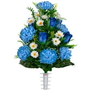 Sympathy Silks Artificial Cemetery Flowers Blue Rose and Light Blue Mum Bouquet for Vase