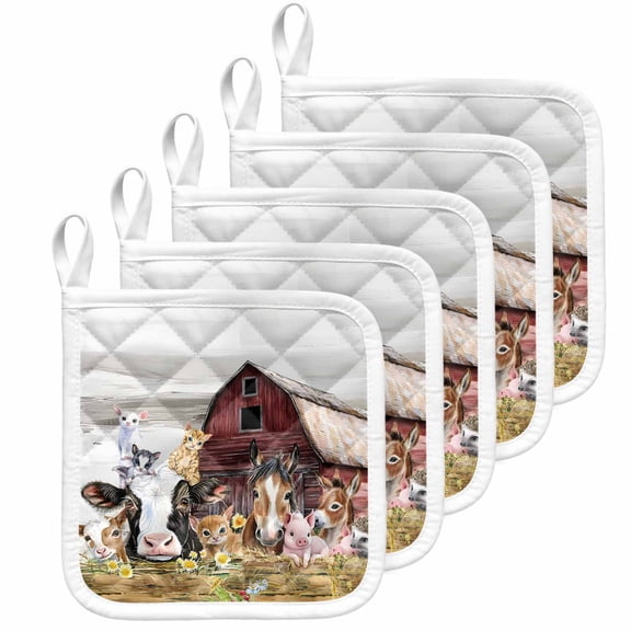 Farmhouse Animals Pot Holders for Kitchen Heatproof Potholder, 5 Pack Cow Pig in Fence Retro Wood Barn Hot Pads Multipurpose Oven Pads Cloth Potholders Trivet for Cooking Baking