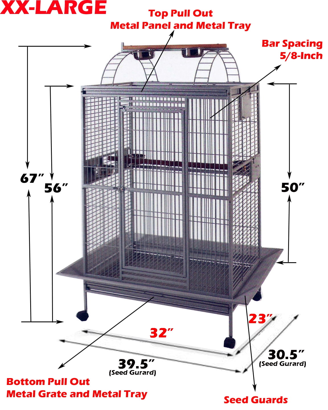 XX-LARGE 32"x23"x66"H Deluxe and Sturdy Wrought Iron Bird Parrot Rolling Cage Double Ladders Open Play Top Perch Stand With Seed Guard
