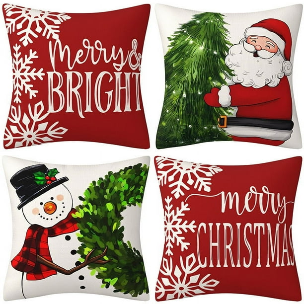 Fundas de Almohada Navideñas,Adornos Navideños de ,Fundas de Almohada Clásicas de Lino a Cuadros Negros y Rojos para Sofá,Silla,Cama,Hogar(B)(4 piezas)