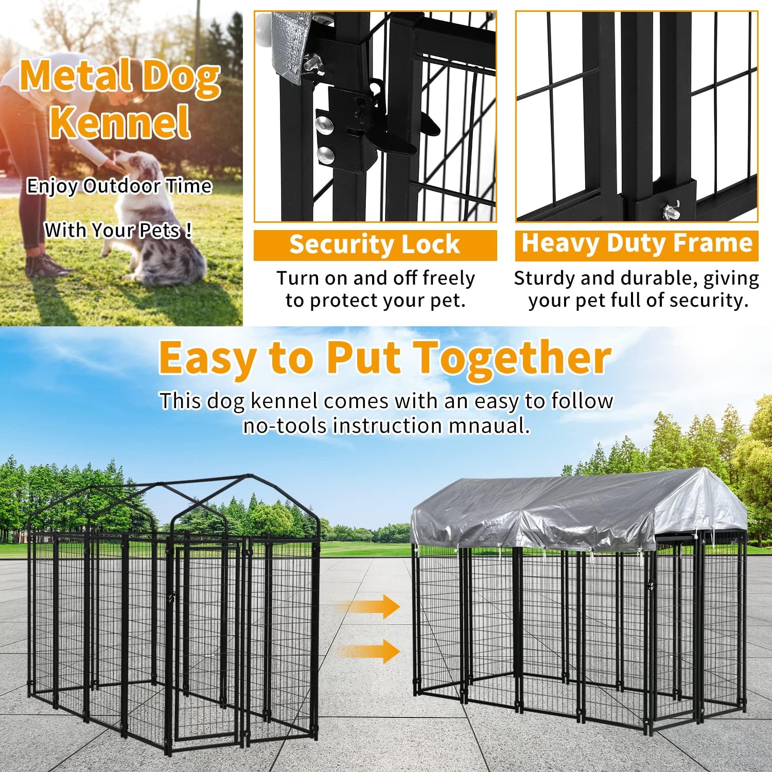 Dkelincs Large Dog Kennel 8'L x 4'W x 6'H Heavy Duty Outdoor Dog Crate Cage with Roof and Waterproof Cover, Black