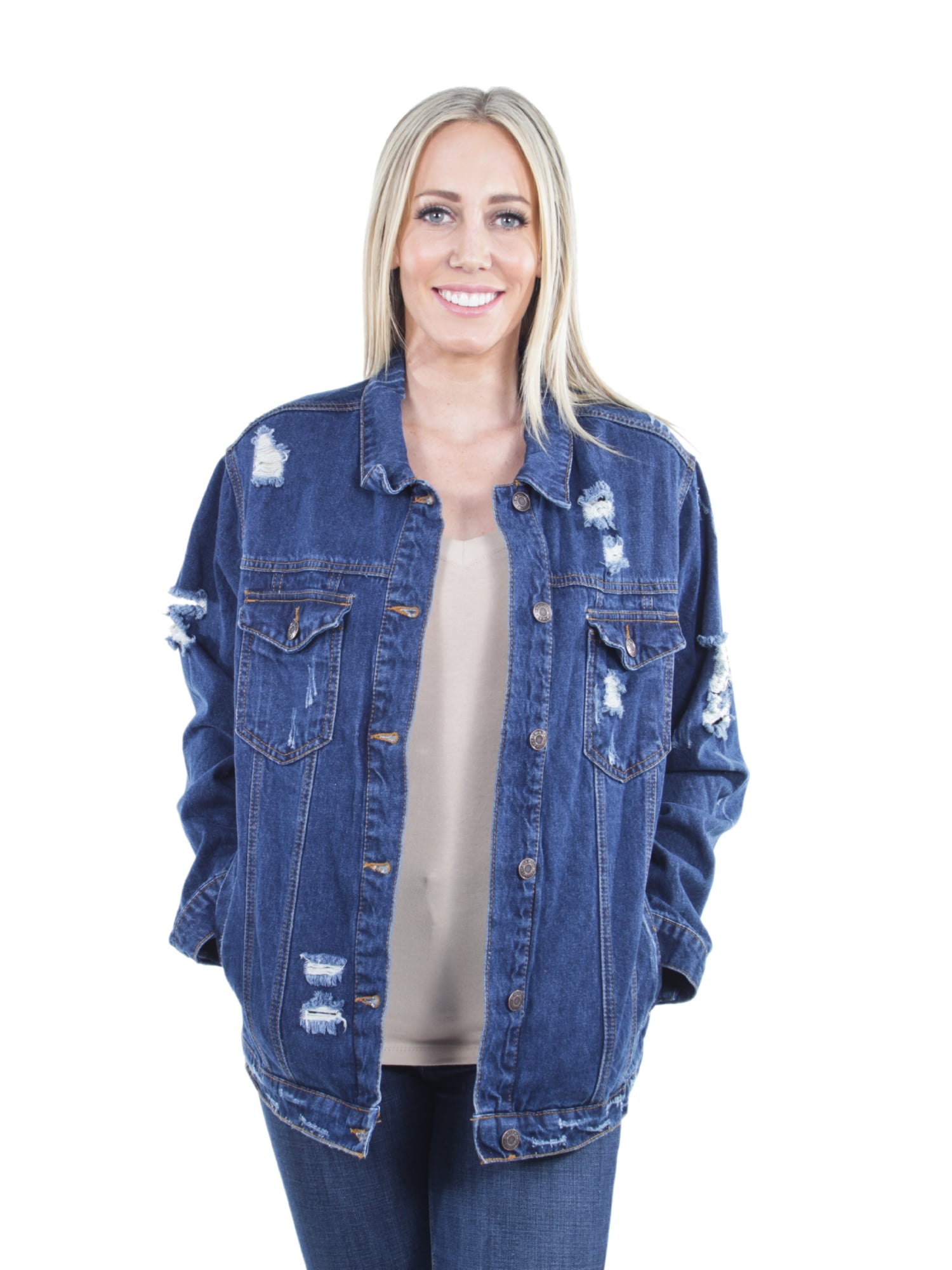 Women's Plus Size Oversize Ripped Denim Jackets Long Sleeve Jean Coats