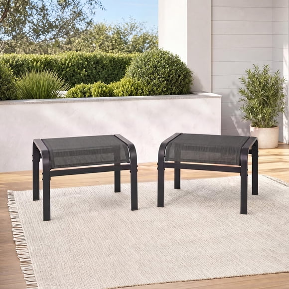 Set de 2 taburetes de jardín apilables para patio – estructura metálica resistente, tejido transpirable, ideal para piscina, camping o garaje – reposapiés exterior moderno – color gris