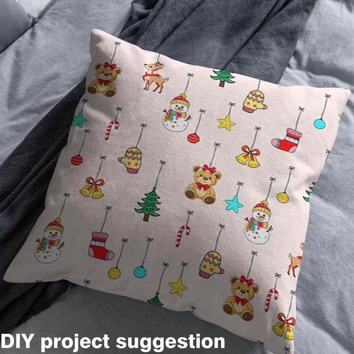 jejeloiu Kawaii Bear Snowmen Fabric by the Yard 1 Yard,Christmas Tree Home Decor Fabric by the Yard,Bell Stars Bow Sewing Fabric For Girls,,Microfiber Bedroom Decor