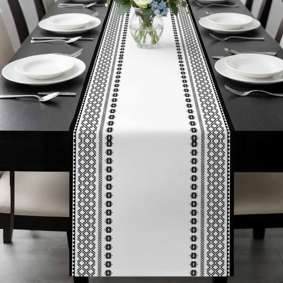 Vintage Bohemia Table Runner, Black Geometric Abstract Striped Country Washable Cotton-linen Table Runners Dining Kitchen Decoration for Everyday Home Wedding Party Decor, 13 x 90 Inch
