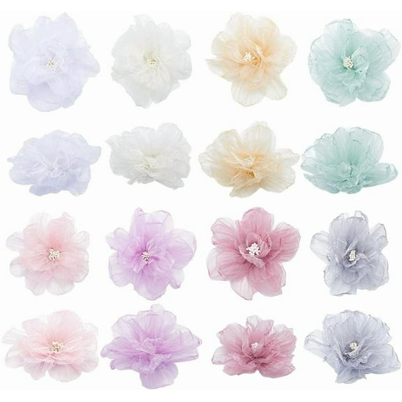 16Pcs Organza 3D Flowers Beaded Appliques 8 Colors Rhinestone Chiffon Flower Sewing Fabric Appliques Embellishments with Pearl DIY