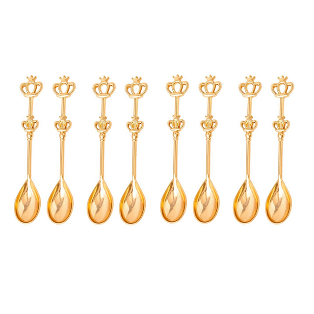 8PCS Stainless Steel Coffee Cake Spoon Crown Cake Spoons Small Teaspoon for Ice-Cream, Soup, Salt, Sugar(Gold)