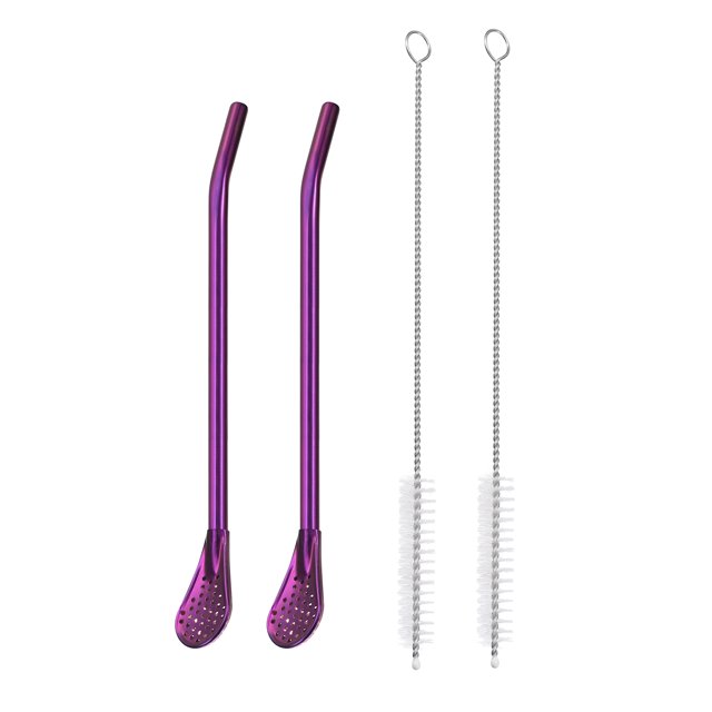 Inoxidable Acero Pajitas Cucharas, 2uds 7.1 Reutilizable Metal Beber Pajita Cuchara con Filtro 2 Limpieza Cepillos para Batido Bebidas Cóctel, Púrpura