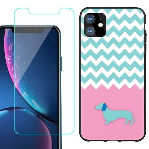 For Apple iPhone 11 Phone Case , Slim-Fit TPU Protective Case (Black), with Tempered Glass Screen Protector, by OneToughShield ® - Chevron/Dachshund/Puppy