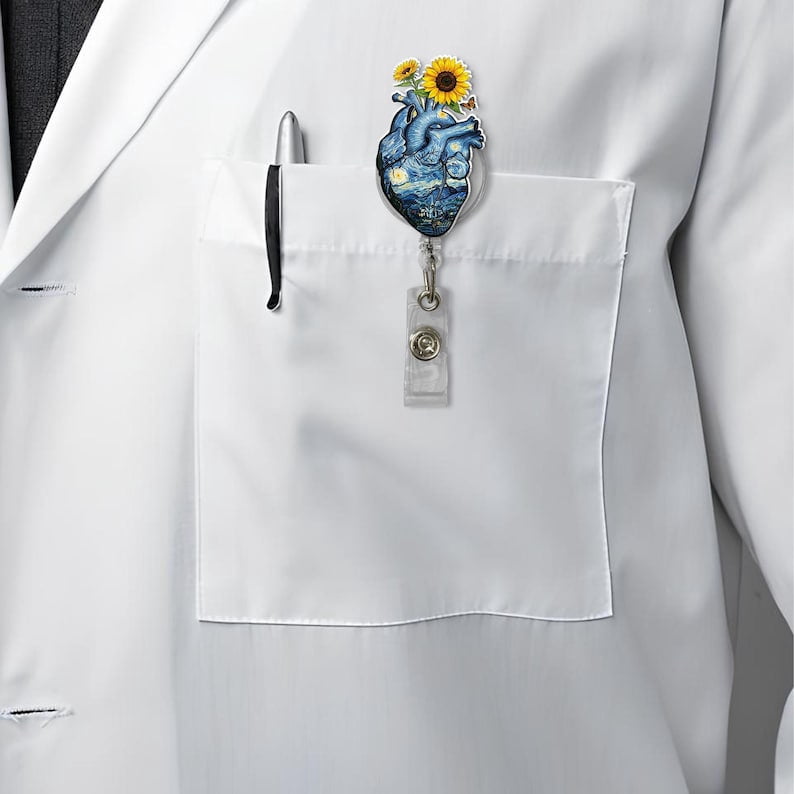 TiniDecor Sunflower Heart Badge Reel, Retractable ID Holder, Artistic Anatomy Design, Nurse Gift