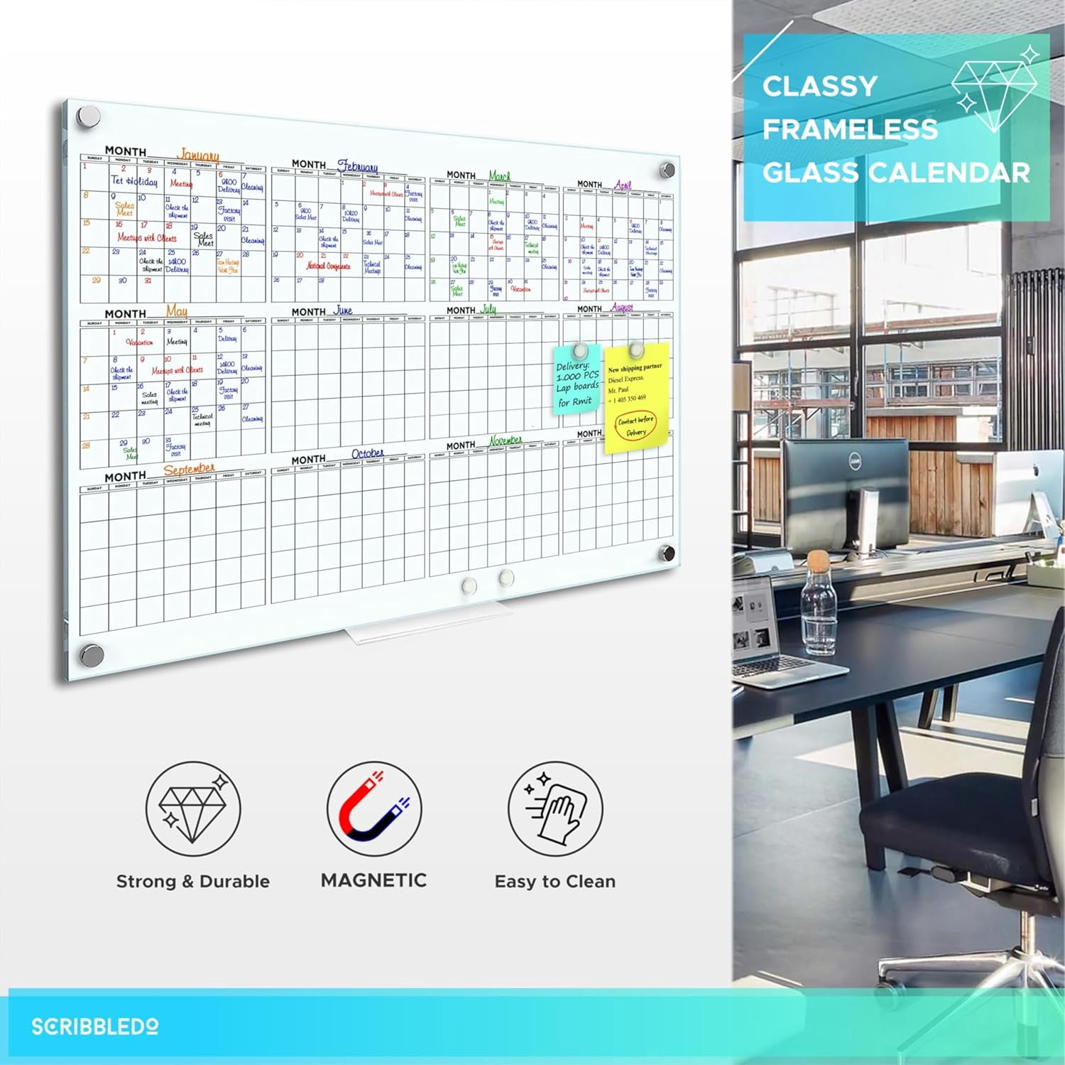 Yearly 24”x36” Glass Magnetic Whiteboard Calendar Planner White Board Calendar Dry Erase Board Dry Erase Calendar for Wall Monthly Glass Calendar Whiteboard Home Office Large Wall Calendar