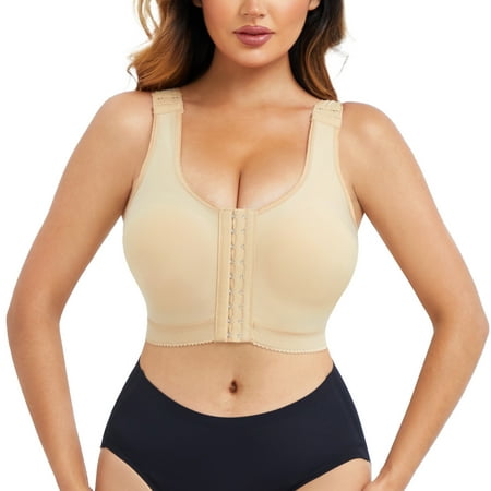 

Eleady Women Wireless Bra Post Surgical Compression Bra Front Adjustable Closure Post Surgery Compression Sports Bra(Beige Small)