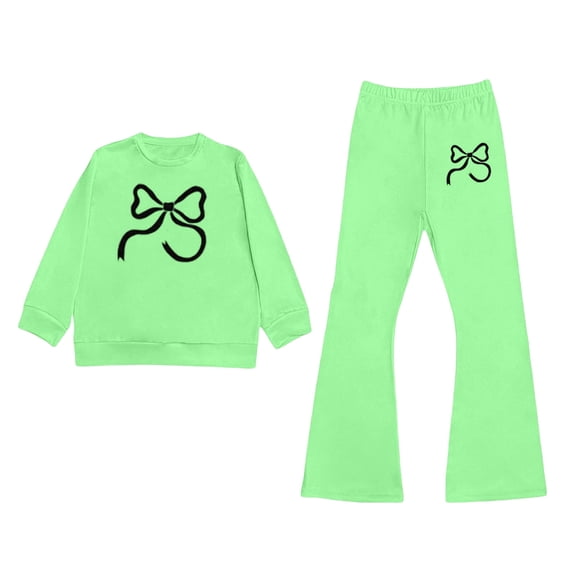 Shadoumai Girls 2 Piece Outfit Summer Long Sleeve Graphic T-Shirt Top & Flared Pants Spring Clothes Set Casual Kid Age 6-14