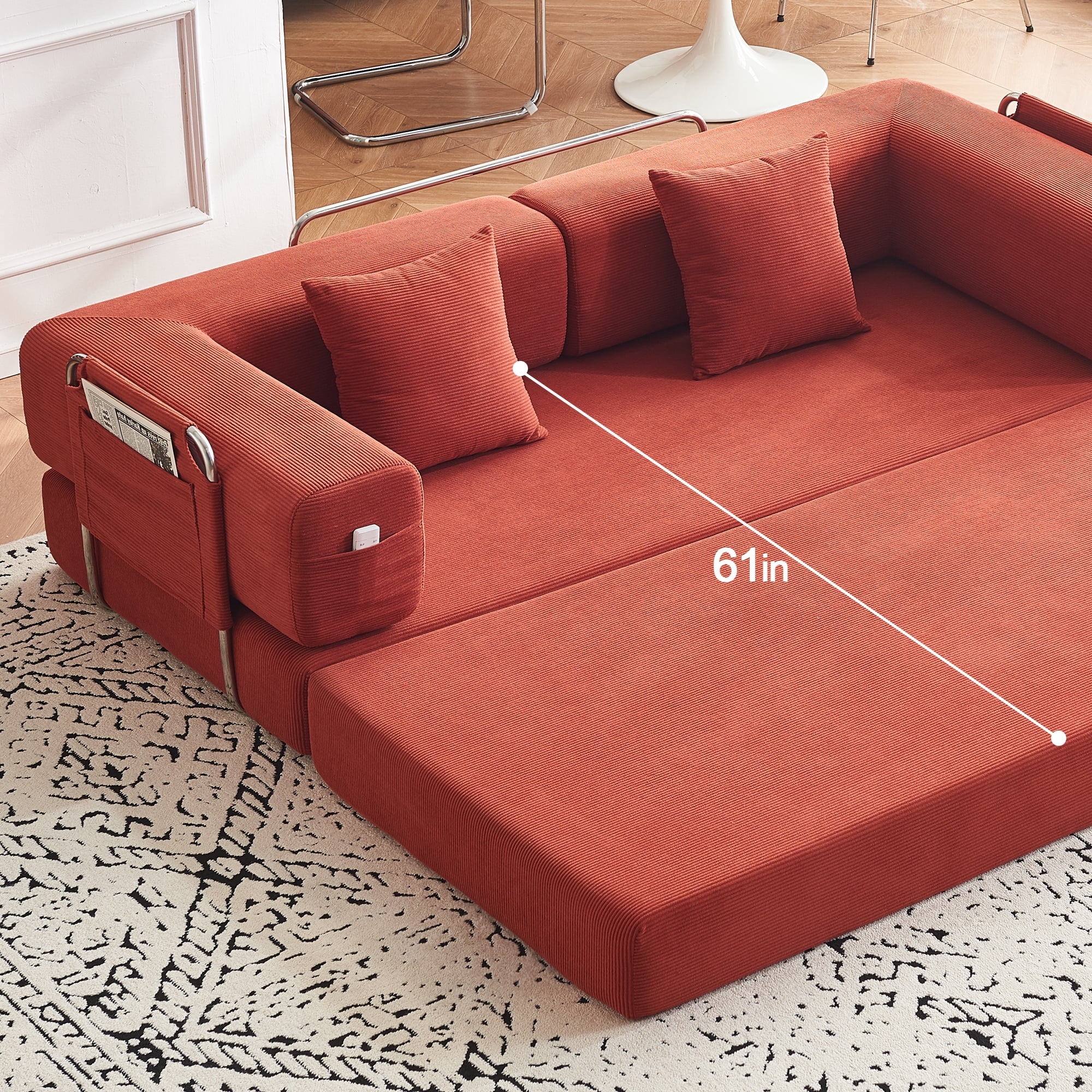 79" Convertible Sofa Bed ,CARZZI LIFE Compressed Floor Boneless Couch Modular Corduroy Sleeper Sofa, Folding Mattress Couch for Small Spaces - No Assembly Needed in Orange with Storge