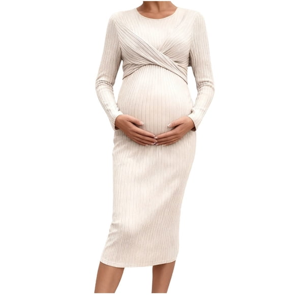 Robe de Maternité à Manches Longues, Robe Moulante à Col en V pour Femmes, Robe Midi à Manches Longues, Tenue de Grossesse Décontractée Douce et Extensible pour Baby Shower, Tenue Quotidienne