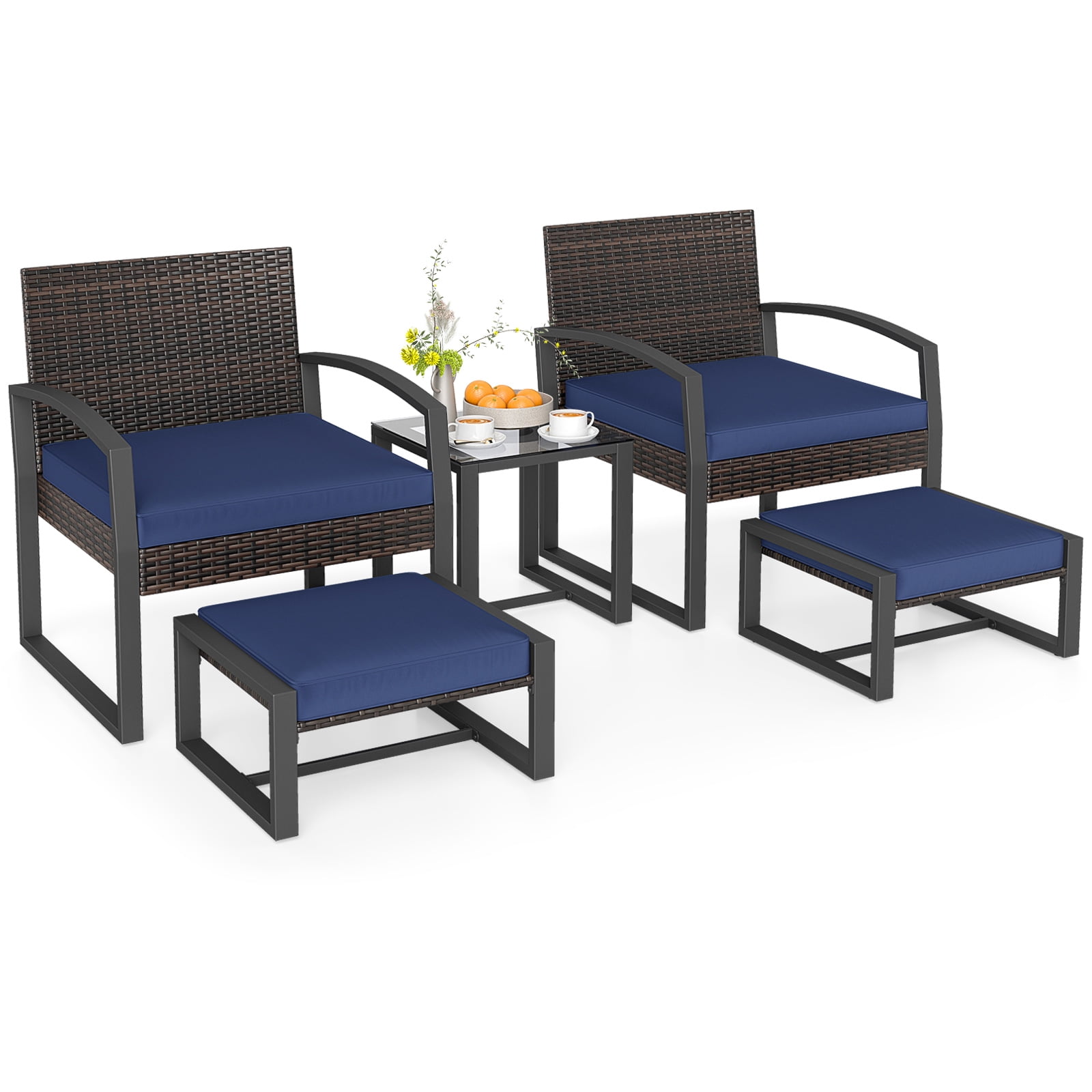 Gymax Furniture Set Patio Rattan Conversation Set for BalconyPorch Backyard Outdoor Navy