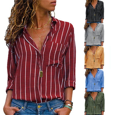 Women's Stripes Button Down Shirts Roll-up Sleeve Tops V Neck Casual Work