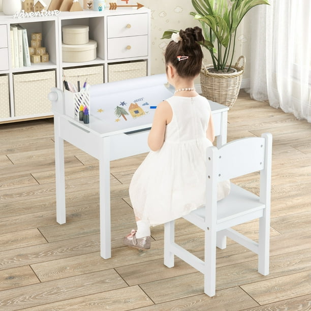 Costway Juego de Mesa y Silla para Niños Mesa de Actividades con Almacenamiento y Soporte para Rollo de Papel para Dibujar Estudiar Jugar