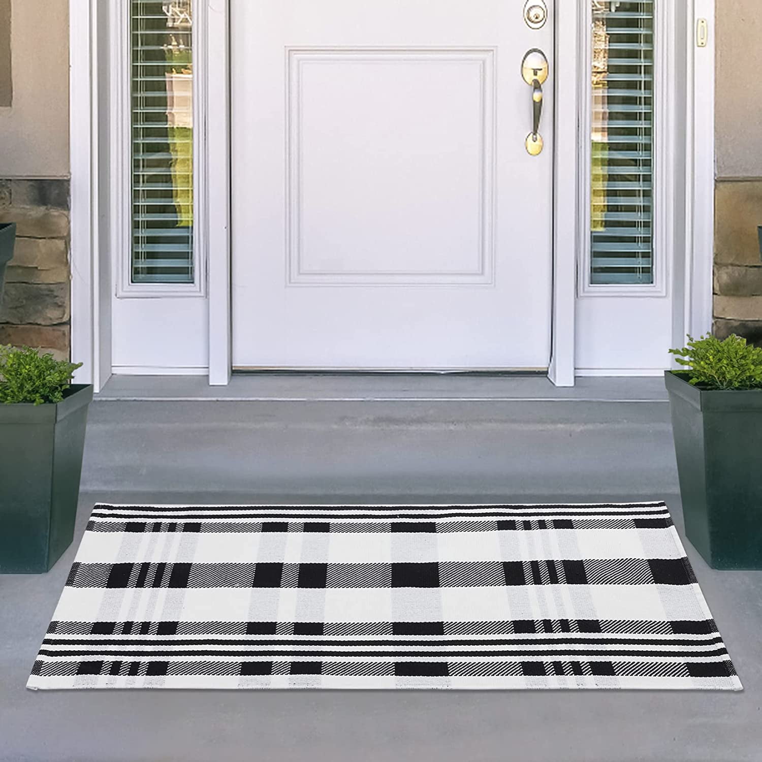 Checkered Doormat, Black and White Buffalo Plaid Small Rug, Woven