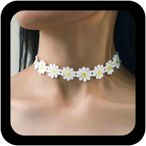 Boho Daisy Flower Lace Choker Necklace White Lace Necklace Plain White Collar Necklace Retro Flower Necklace Chain Jewelry for Women